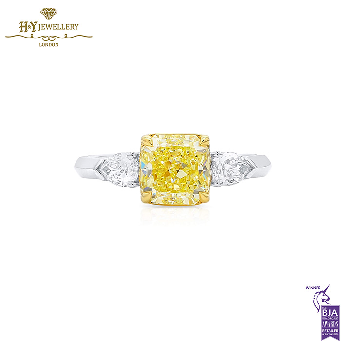 White Gold Radiant Cut Fancy Yellow Diamond & Pear Cut Diamond Ring - 2.48ct-0