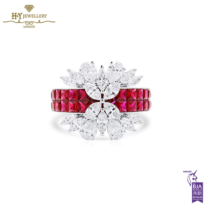 White Gold Square Cut Ruby & Mix Cut Diamond Ring - 4.99ct-0