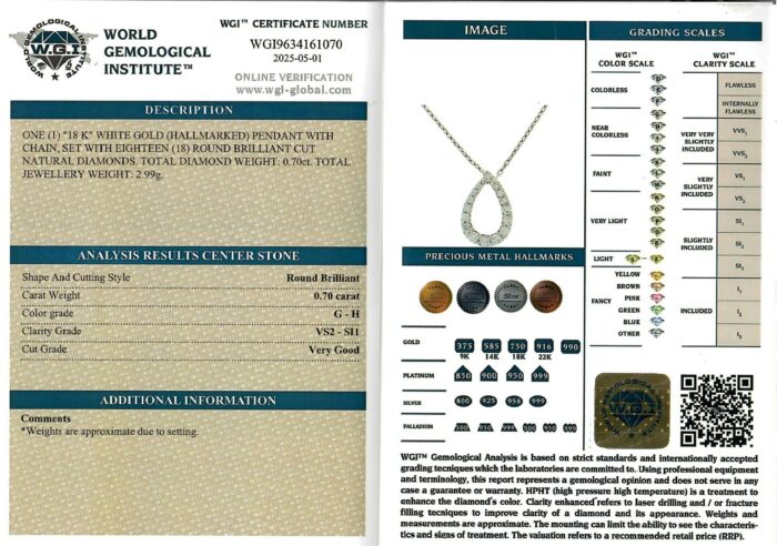 White Gold Round Brilliant Cut Diamond Pendant - 0.70ct-17210