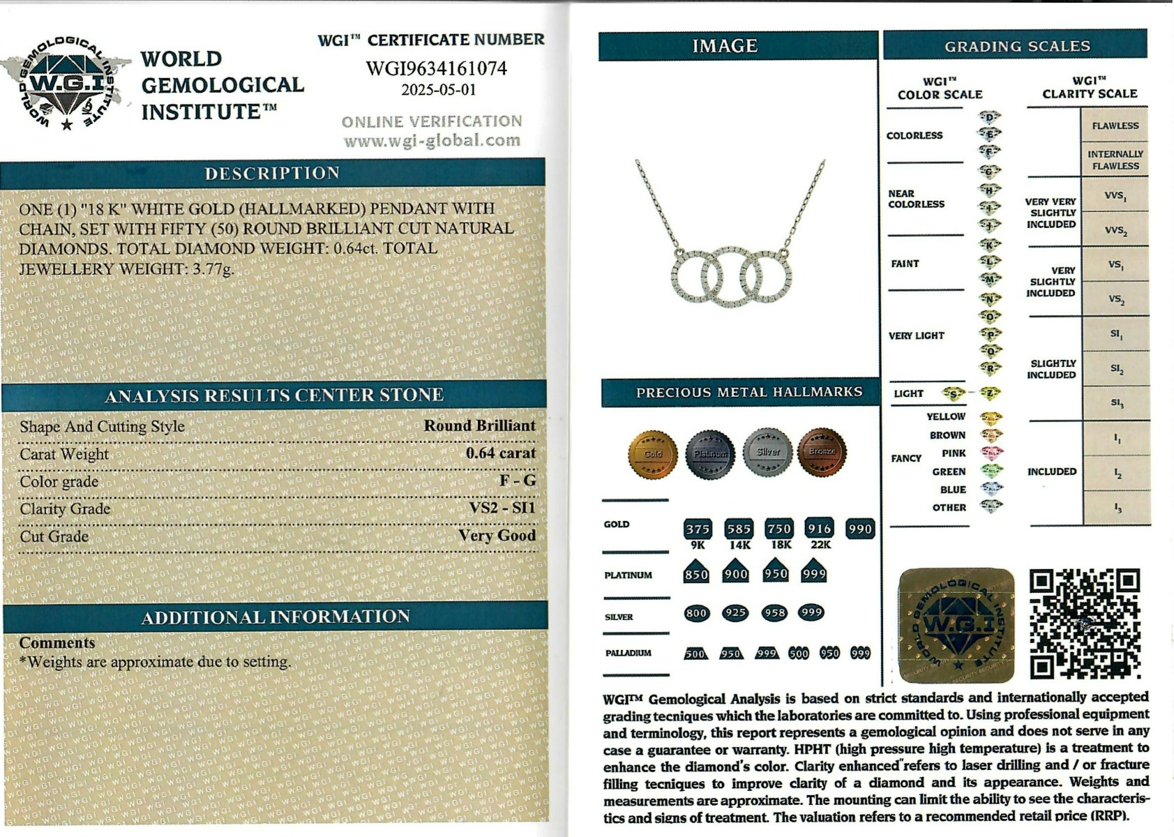 White Gold Round Brilliant Cut Diamond Pendant - 0.64ct-17211