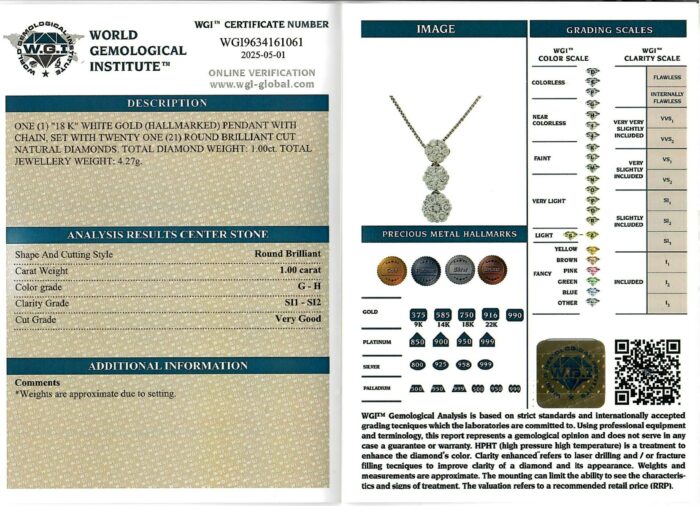 White Gold Brilliant Cut Diamond Pendant - 1.00ct-17214
