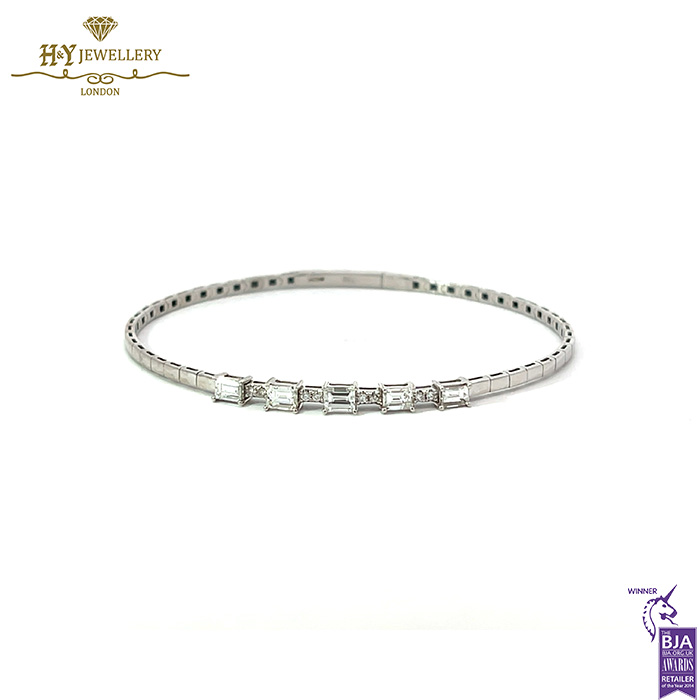 White Gold Brilliant Cut & Baguette Cut Diamond Bangle - 1.00ct-0