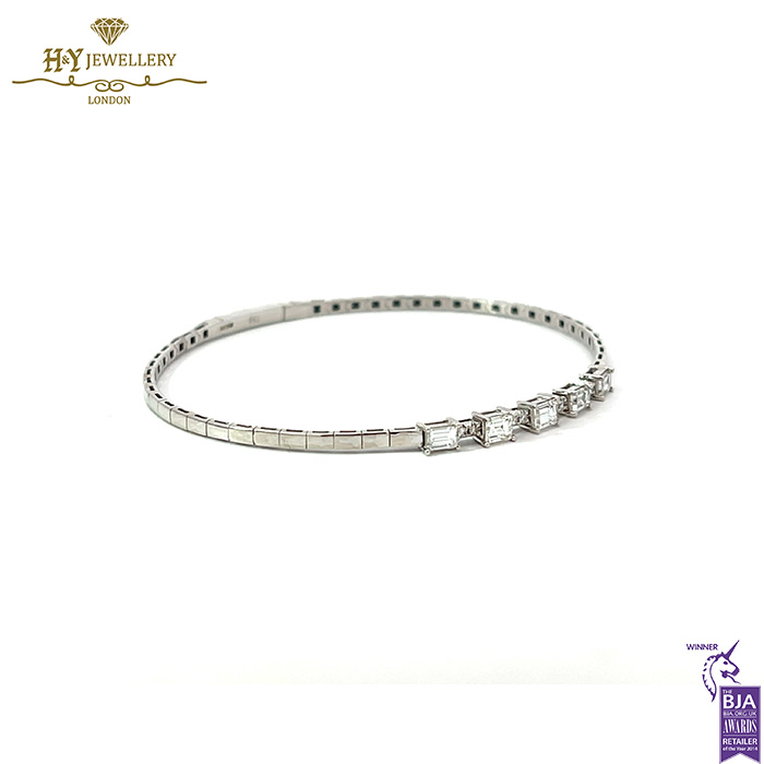 White Gold Brilliant Cut & Baguette Cut Diamond Bangle - 1.00ct-16756