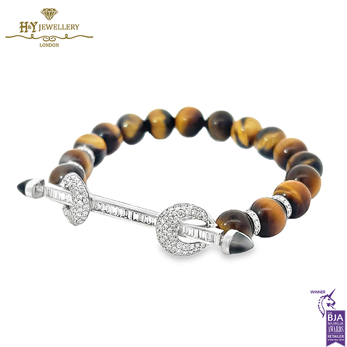 Ananya Chakra Baguette Wristwear White Gold & Black Onyx & Diamond Bar with Tigersn Eye Beads - 2.98ct-17030