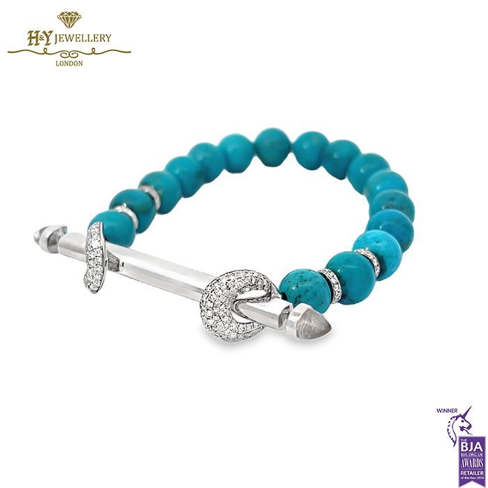 Ananya Chakra Solid Gold Wristwear White Gold Bar Crystal Quartz & Diamond Bead Turquoise - 1.22ct-17052