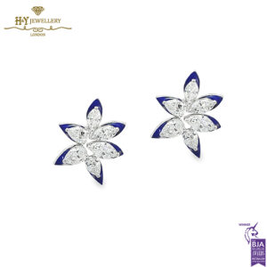 Asymmetric Floral Studs Blue Enamel & White Gold - 2.89ct-0
