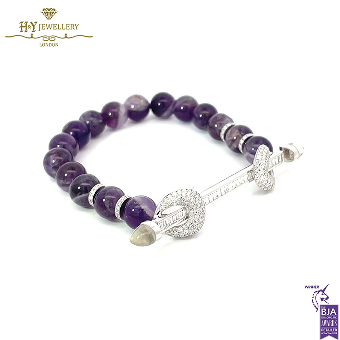Ananya Chakra White Gold Diamond Bar & Crystal Quartz Bar with Amethyst Beads - 1.79ct-17877