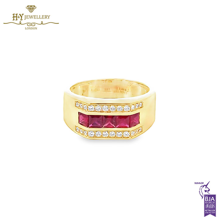 Men’s Yellow Gold Block Design Ring with Diamond & Princess-Cut Ruby - 1.55ct-0