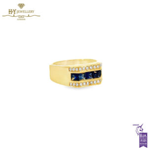 Men’s Yellow Gold Block Design Ring with Diamond & Princess-Cut Sapphire - 1.54ct-18004